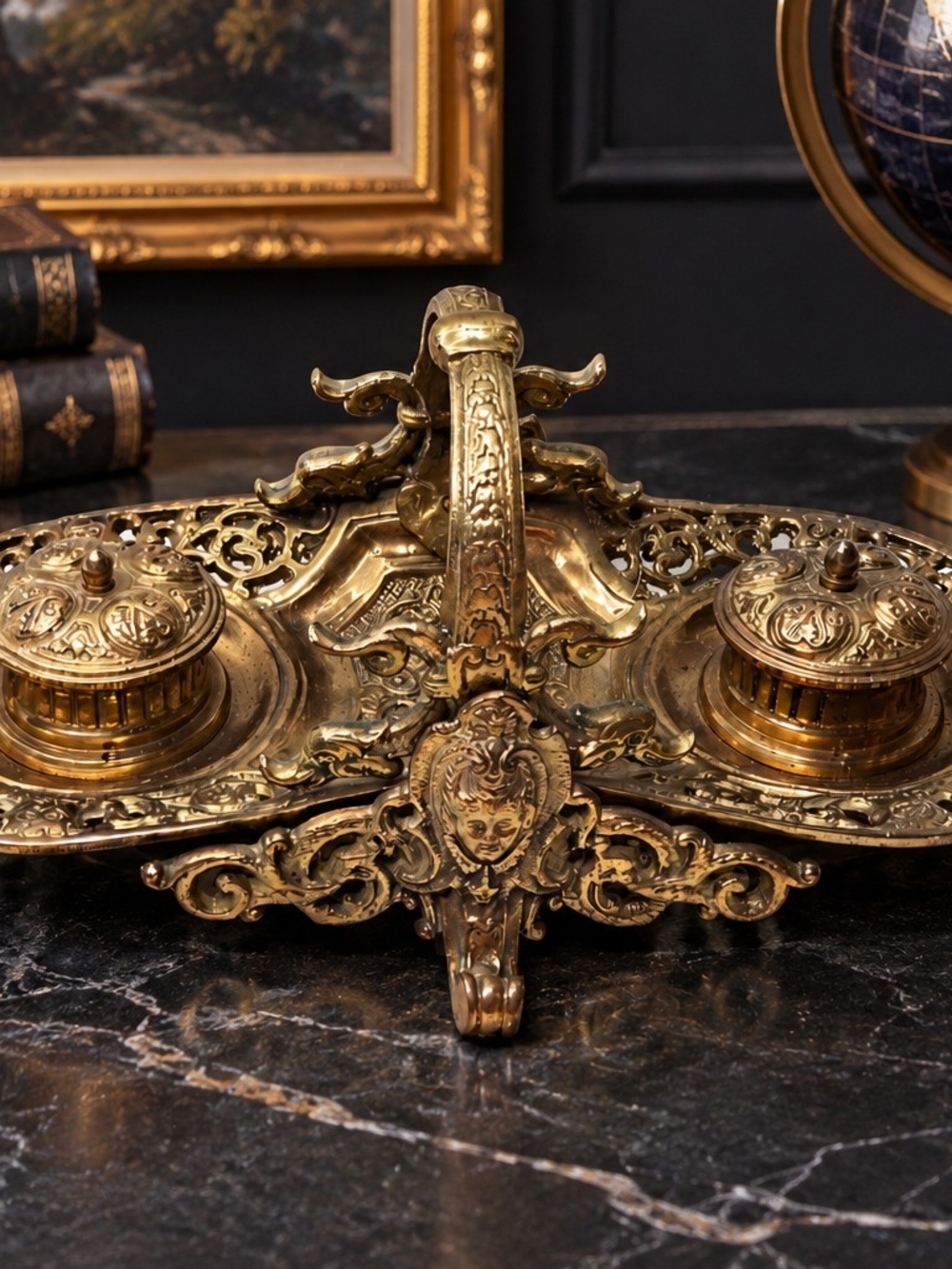 Antique Ornate Brass Double Inkwell Desk Stand Figural Rococo Victorian Style 15